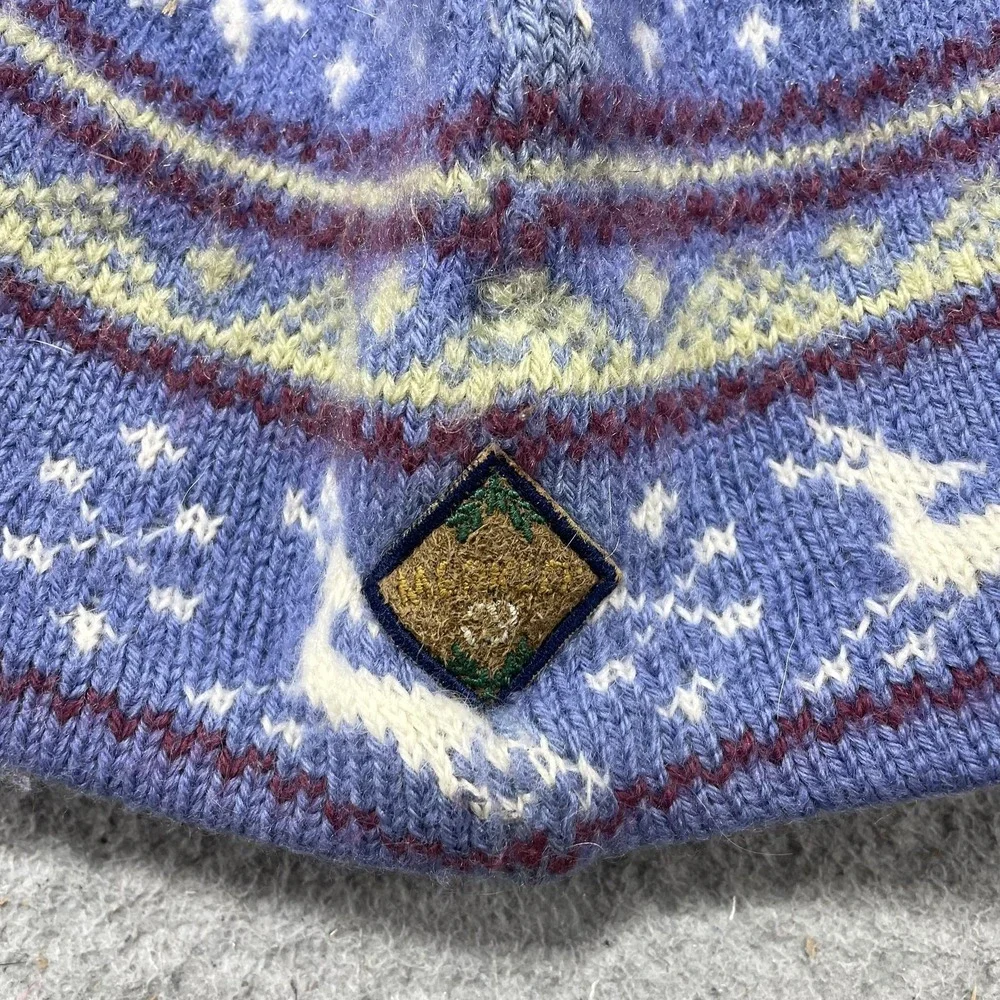 Merkley‎ Headgear Hat Beanie Womens One Size Blue Wool Deer Fair Isle Tassel